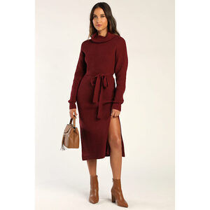 Lulus Snuggle Chic Burgundy Knit Turtleneck Midi Sweater Dress Red - Size M